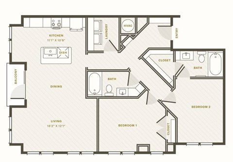 Floor plan for 2 beds, 2 baths, 1231 sqft